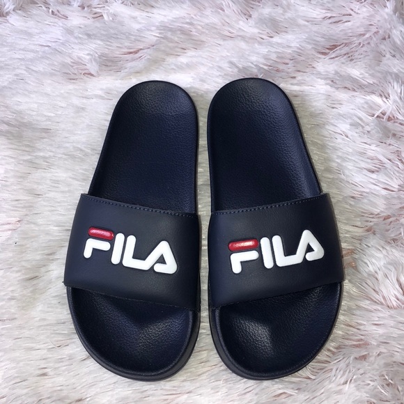 navy blue fila slides
